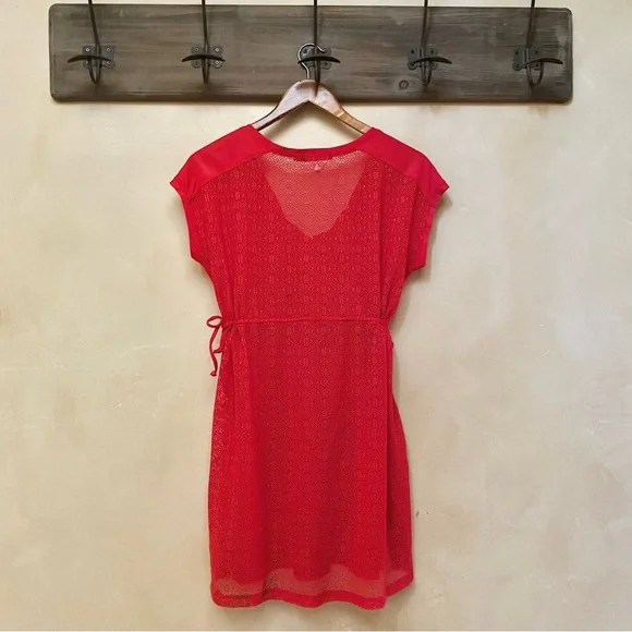 🍒 3/$35 PRANA Cherry Red Mesh ELLIOT Cinch-Tie Waist S/S Cover-Up-L - Picture 8 of 16